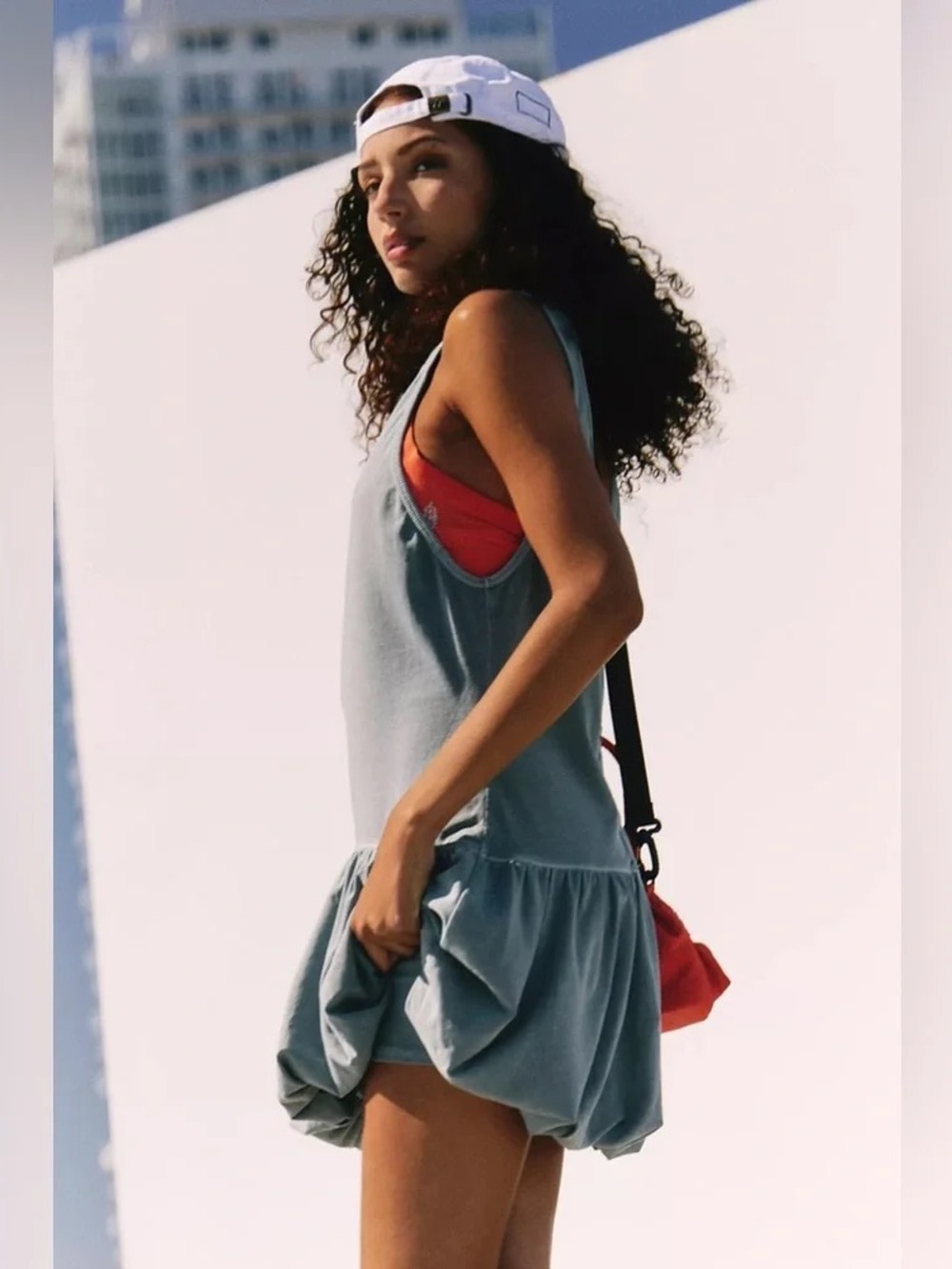 Sleeveless Blue Cotton Ruffle Mini Dress with Deep V Back - Picture 3 of 4